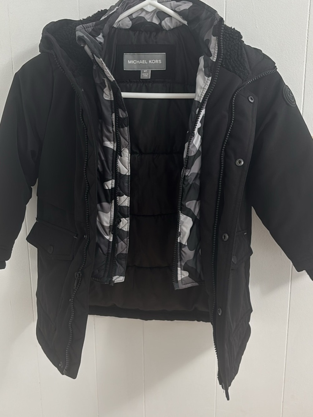 Michael Kors Kids Black Hooded Puffer Jacket with Camo Trim